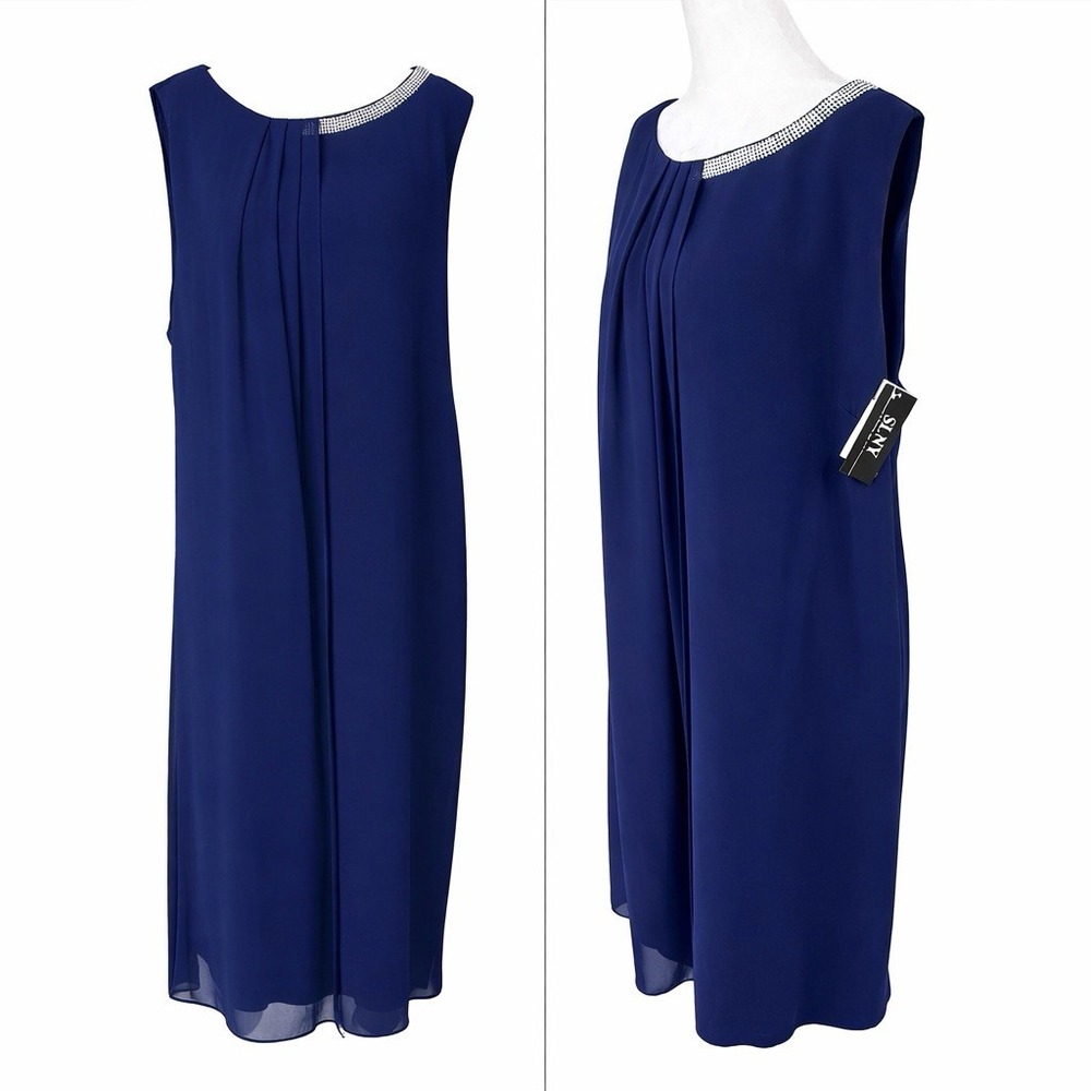 NWT Navy Blue Midi Dress Plus Size 22W Chiffon Rhinestones MOB Wedding Cruise